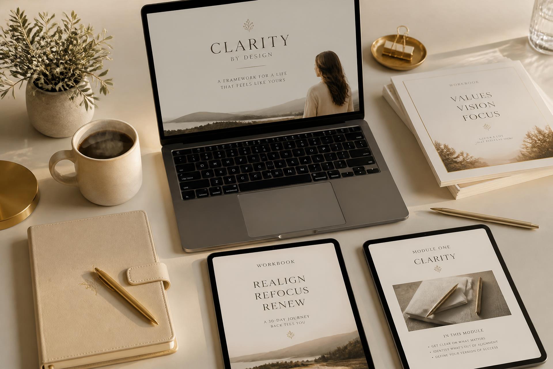Premium workspace with laptop, notebook, coffee, and digital workbook mockups